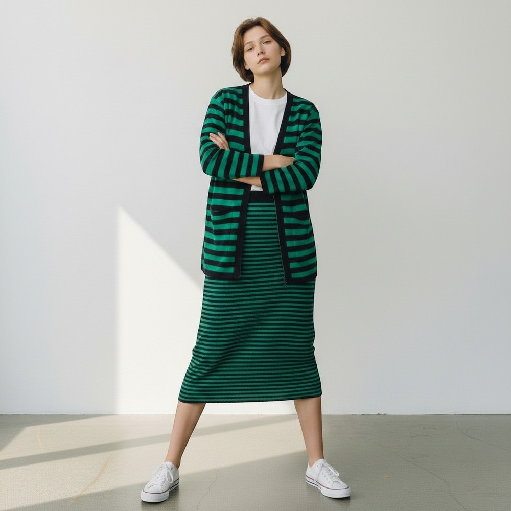 Crescendo Womens Striped Sweater Set Vintage 80's Lambswool Green Black Small